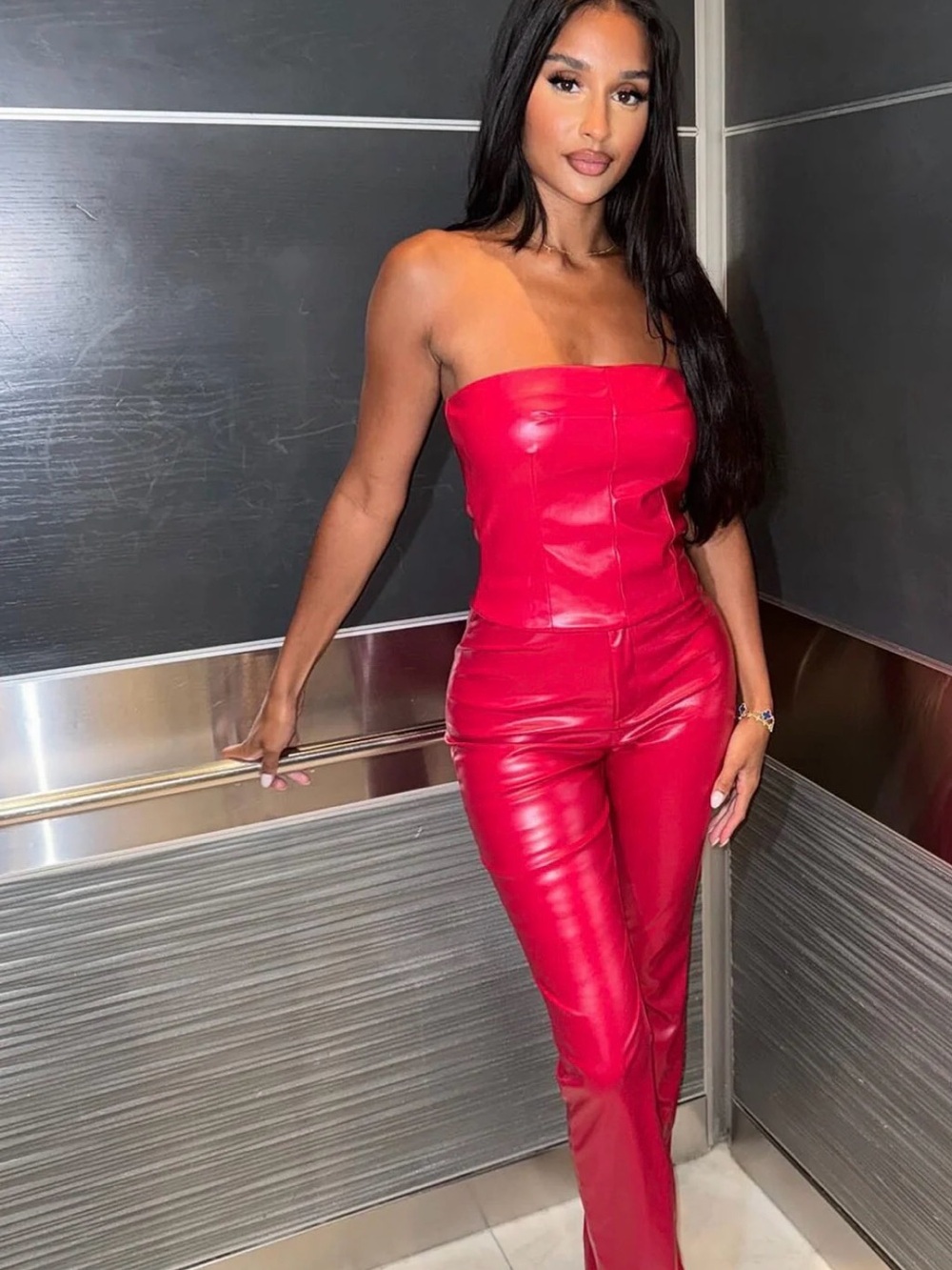 Fashion Nova Strapless Red Faux Leather Jumpsuit